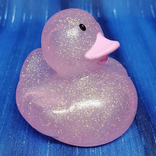 SHATTERPROOF PLASTIC GLITTERED PINK RUBBER DUCKIE IN SCARF CHRISTMAS ORNAMENT 