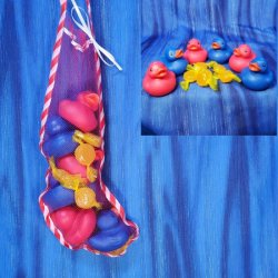 Christmas Stocking with Candy & Red & Blue Rubber Ducks